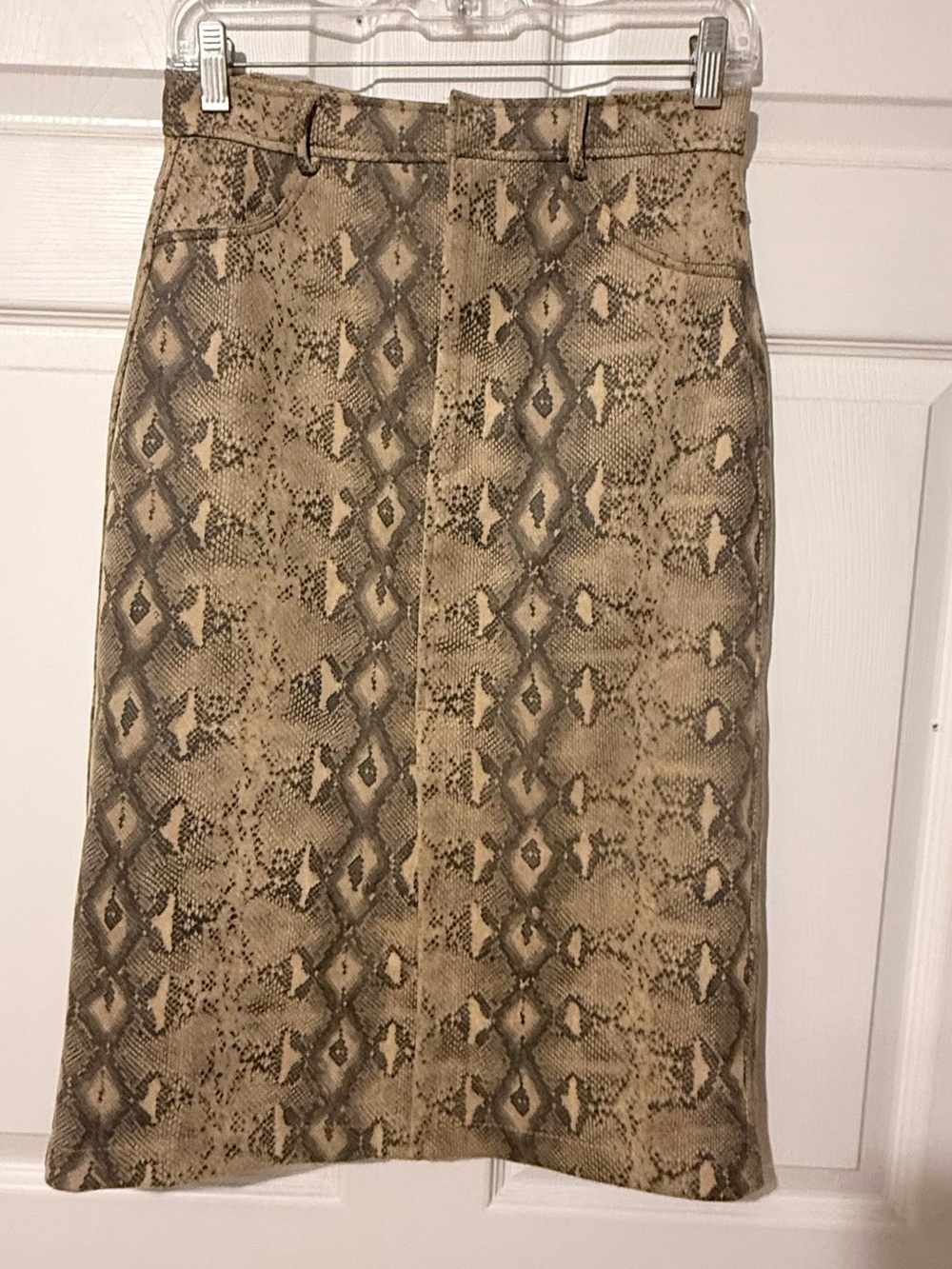 She and Sky Beige Snake-Print Suede Pencil Skirt
